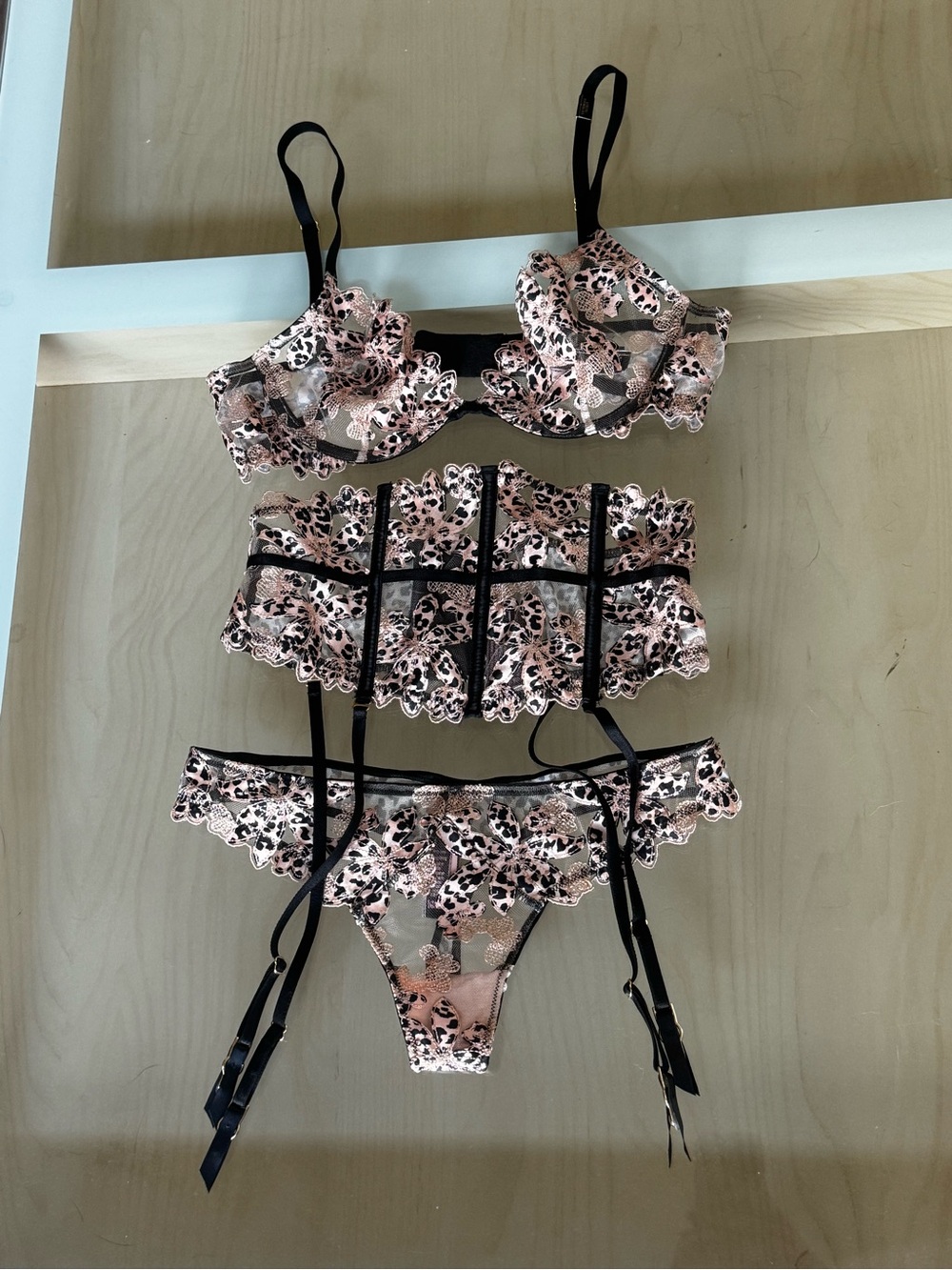 Victoria's Secret Pink and Black Lace Leopard 3-Piece Lingerie Set